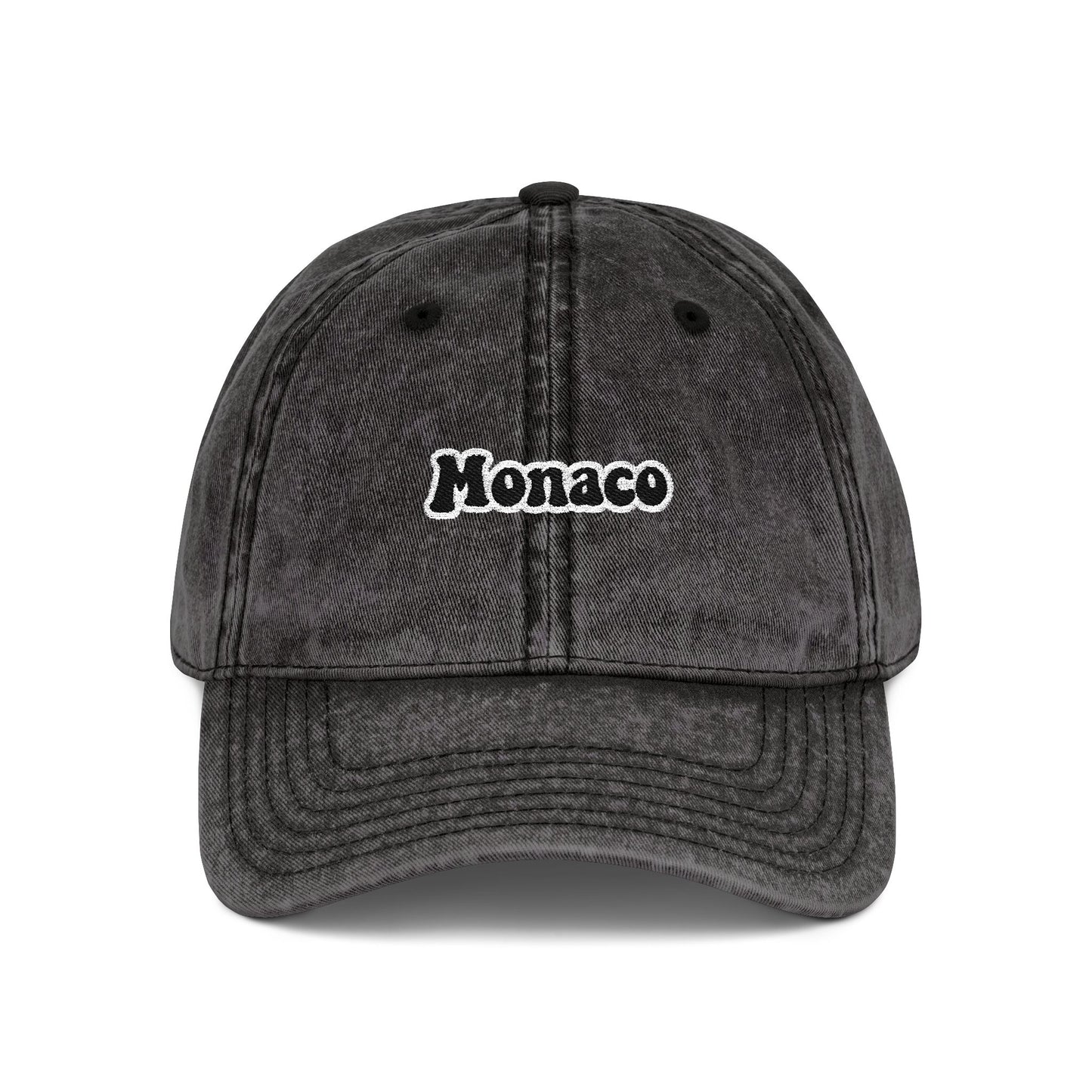 Monaco Vintage Embroidered Cap — Washed Black Dad Hat