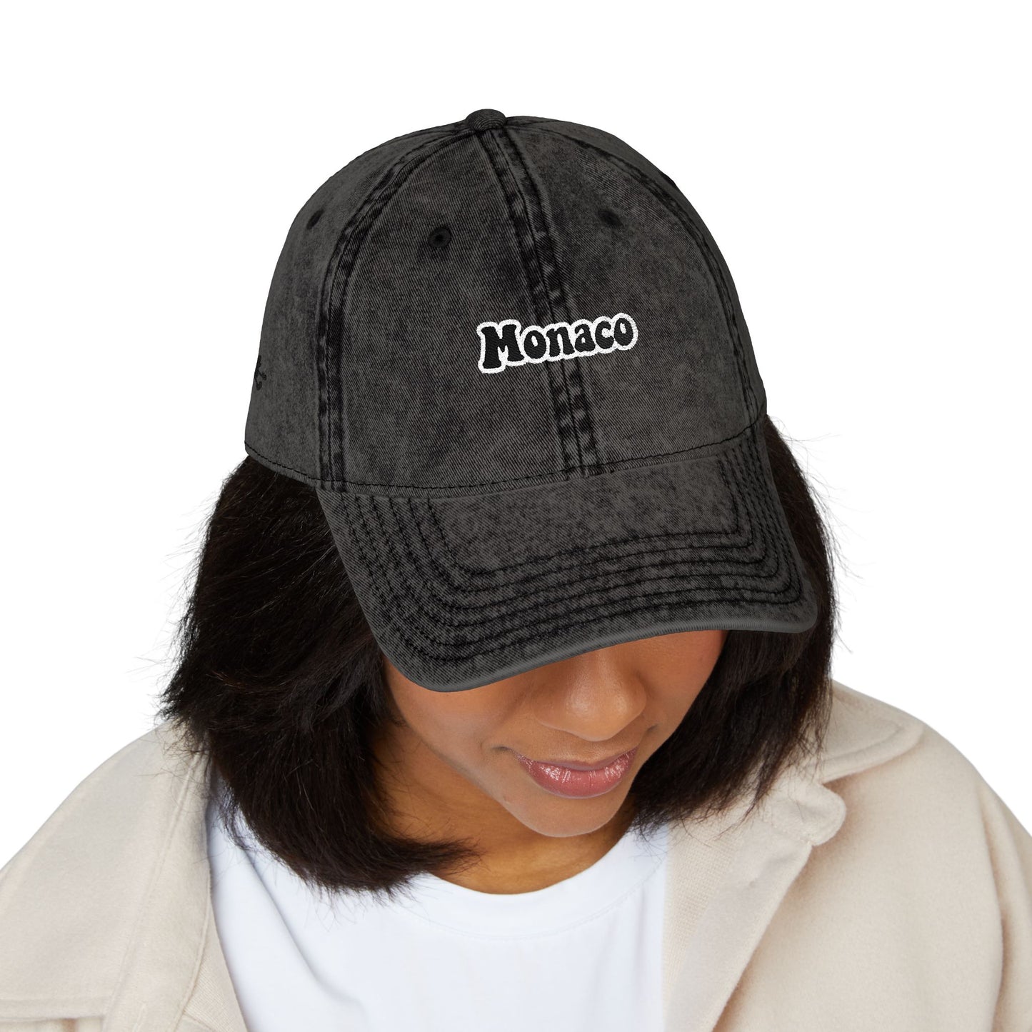 Monaco Vintage Embroidered Cap — Washed Black Dad Hat